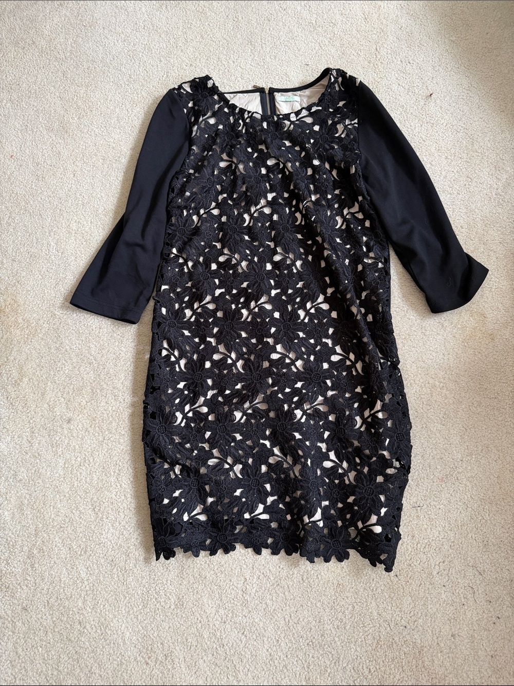 Black Floral Lace Midi Dress with 3/4 Sleeves